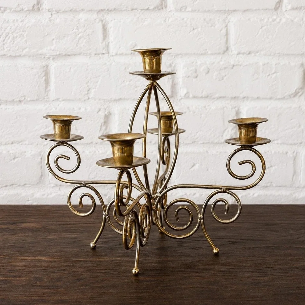 Vintage Home Interiors Gold Scroll Candelabra 5 Arm Brass Tone Candle Holder